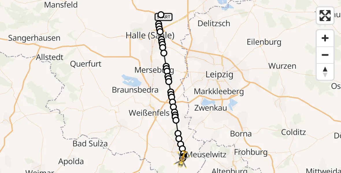 Flugroute Ambulanzhubschrauber Halle-Oppin Flugplatz - Zeitz Hospital, 24 März 2026, 17:23