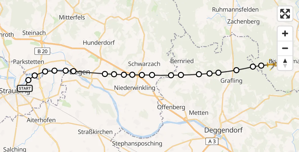Flugroute Rettungshubschrauber Sankt Elisabeth Hospital Straubing - Bischofsmais, 24 März 2026, 17:29