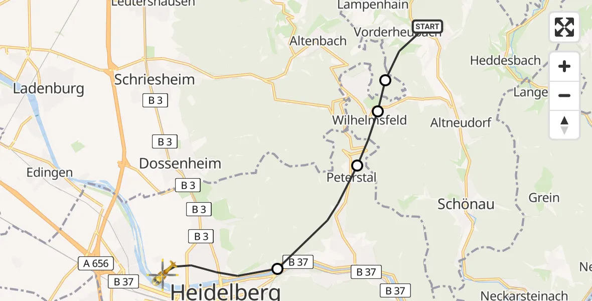 Flugroute Rettungshubschrauber Vorderheubach - Heidelberg, 24 März 2026, 17:47