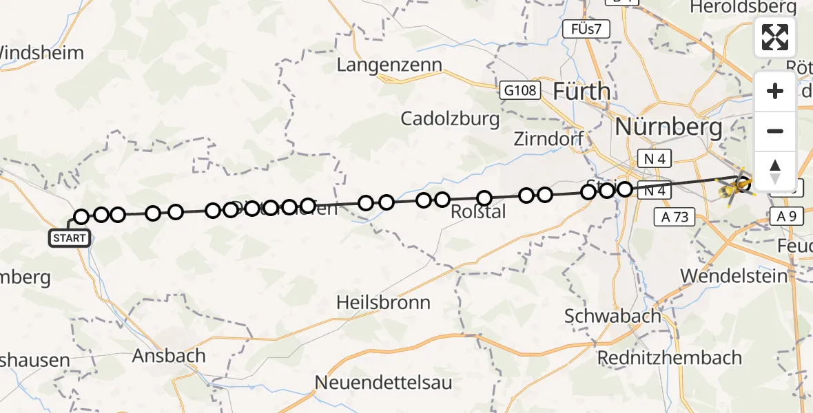Flugroute Ambulanzhubschrauber Gräfenbuch - Nürnberg South Hospital, 24 März 2026, 17:48