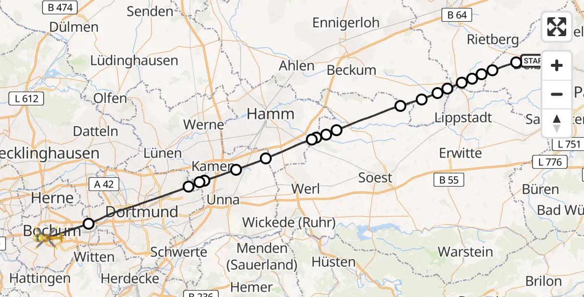 Routekaart van de vlucht: Rettungshubschrauber nach Bochum, Bürkle de la Camp-Platz