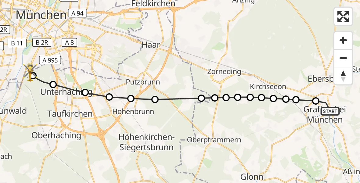 Flugroute Rettungshubschrauber Grafing bei München - ADAC Air Rescue Center Hubschrauberlandeplatz (Christoph 1), 24 März 2026, 17:55