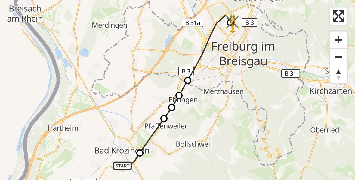 Flugroute Ambulanzhubschrauber Bad Krozingen (Kernstadt) - Freiburg im Breisgau Flugplatz, 24 März 2026, 17:56