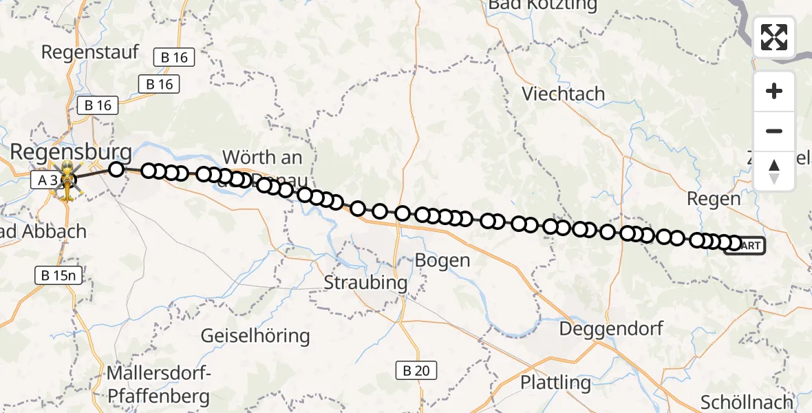 Flugroute Rettungshubschrauber Obernaglbach - DRF Air Rescue Station Regensburg / Regensburg University Hospital, 24 März 2026, 18:01