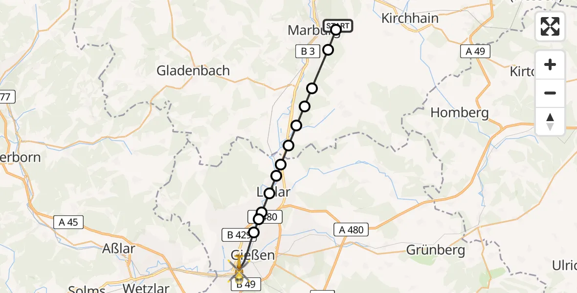 Routekaart van de vlucht: Rettungshubschrauber nach Gießen, Lahnstraße