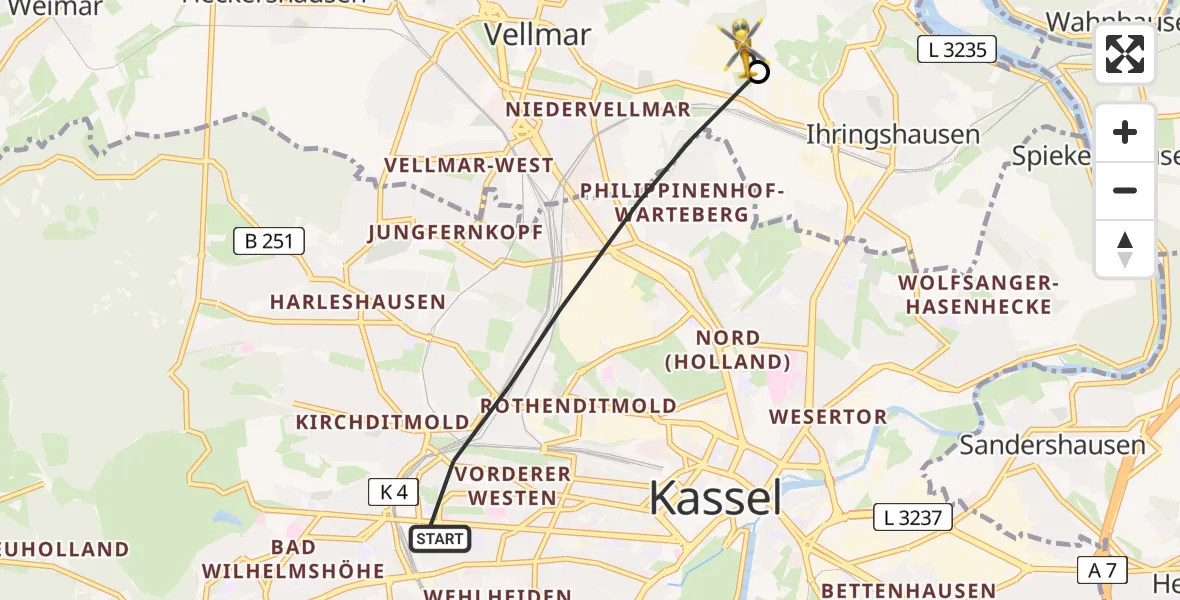 Flugroute Rettungshubschrauber Kassel - Fuldatal Bundespolizei Hubschrauberlandeplatz, 24 März 2026, 18:04