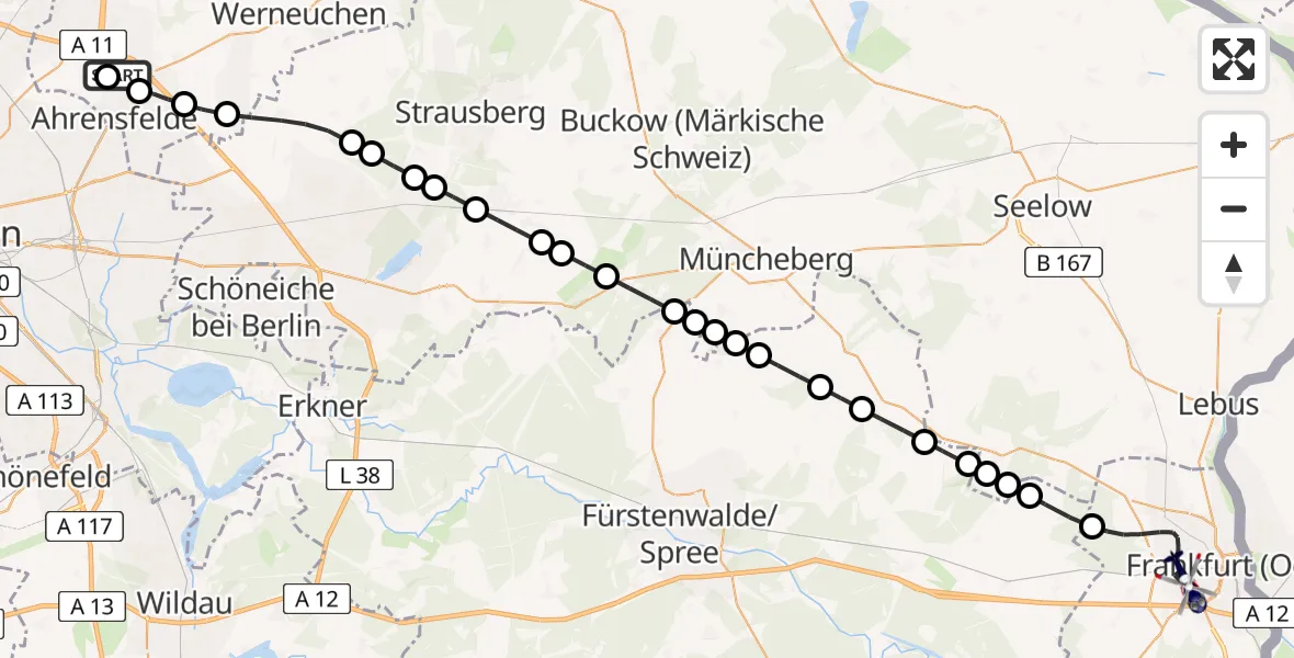 Flugroute Polizeihubschrauber Ahrensfelde Hubschrauberlandeplatz - Frankfurt (Oder), 24 März 2026, 18:16