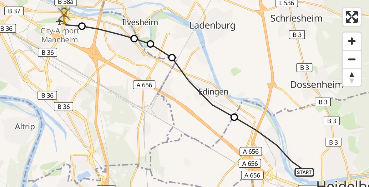 Flugroute Rettungshubschrauber Heidelberg - Mannheim-City Flughafen, 24 März 2026, 18:17
