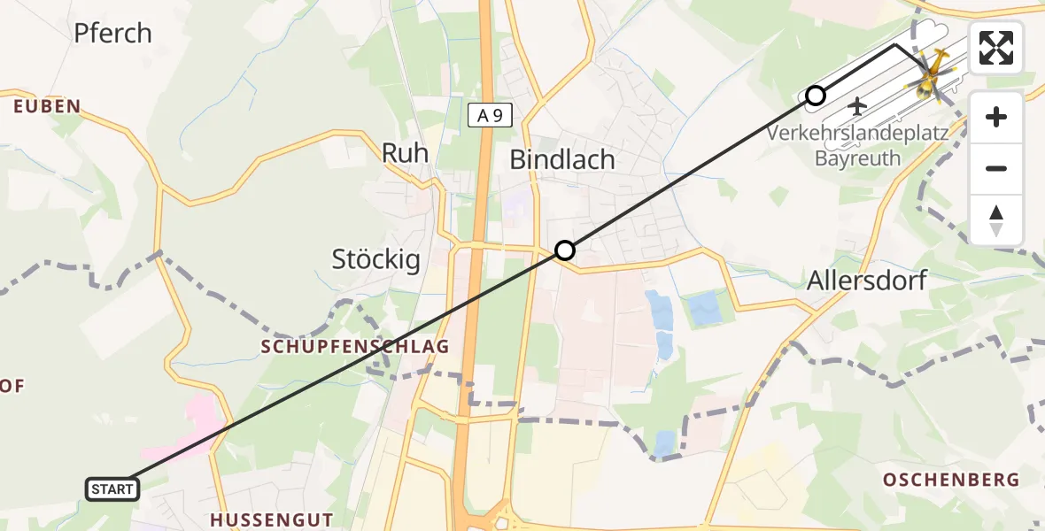Flugroute Rettungshubschrauber Bayreuth - Bayreuth Flughafen, 24 März 2026, 18:23