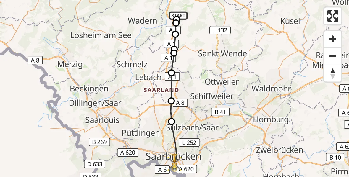 Routekaart van de vlucht: Rettungshubschrauber nach Saarbrücken, Winterberg