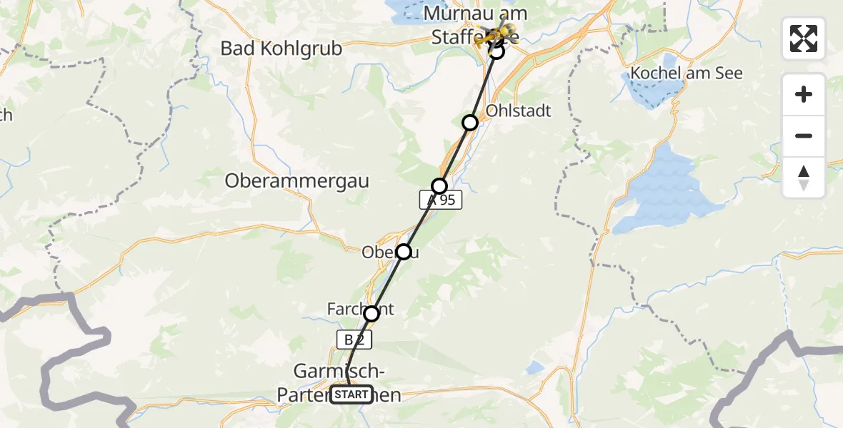 Flugroute Rettungshubschrauber Garmisch-Partenkirchen - Murnau Accident Hospital, 24 März 2026, 18:25