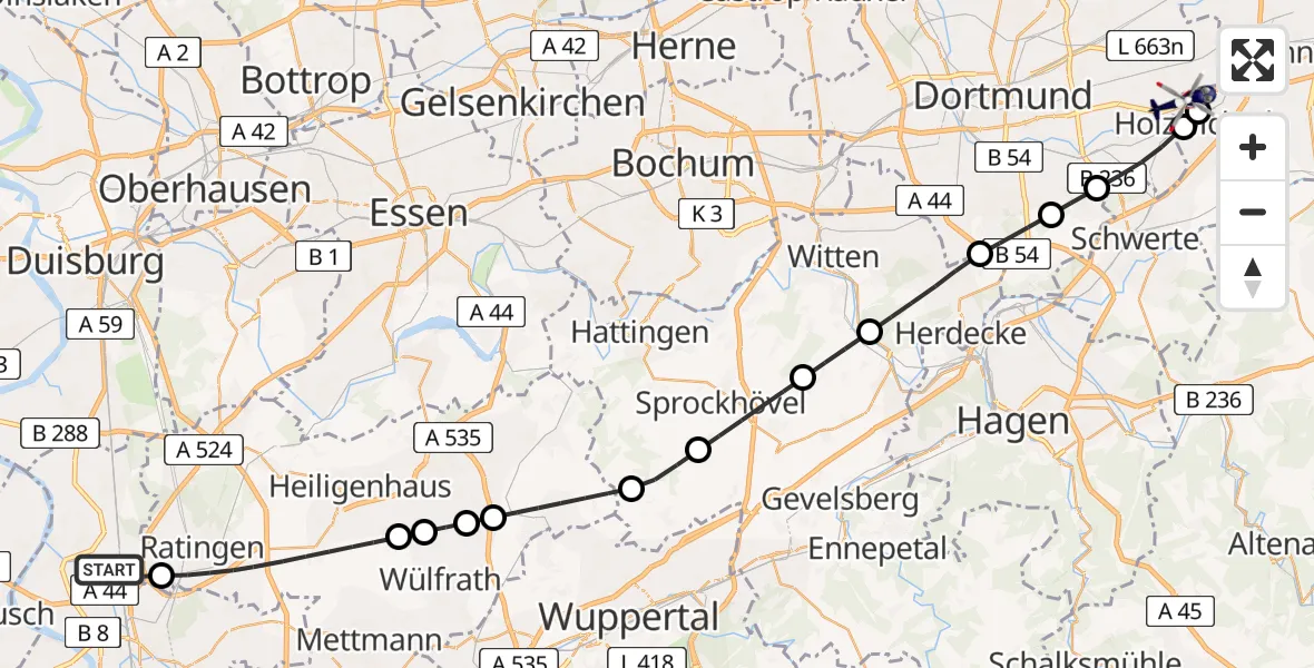 Flugroute Polizeihubschrauber Düsseldorf Flughafen - Dortmund Flughafen, 24 März 2026, 18:37