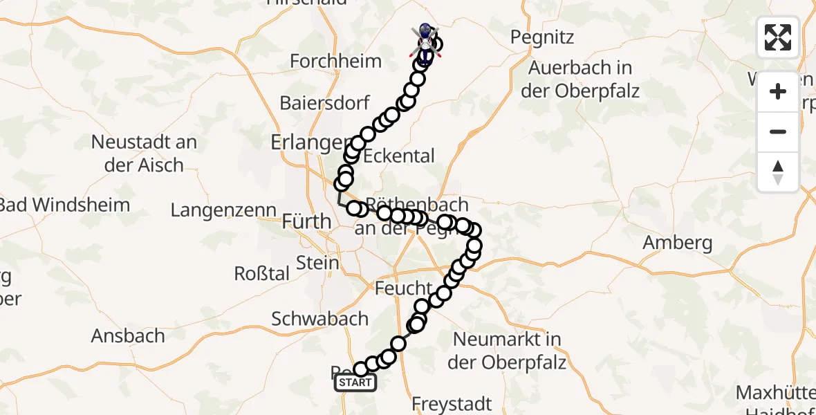 Flugroute Polizeihubschrauber Belmbrach - Ühleinshof, 24 März 2026, 18:48
