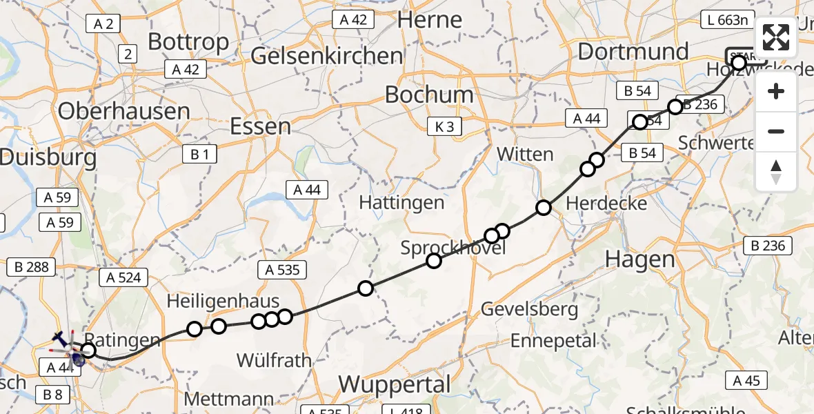 Flugroute Polizeihubschrauber Dortmund Flughafen - Düsseldorf Flughafen, 24 März 2026, 18:59