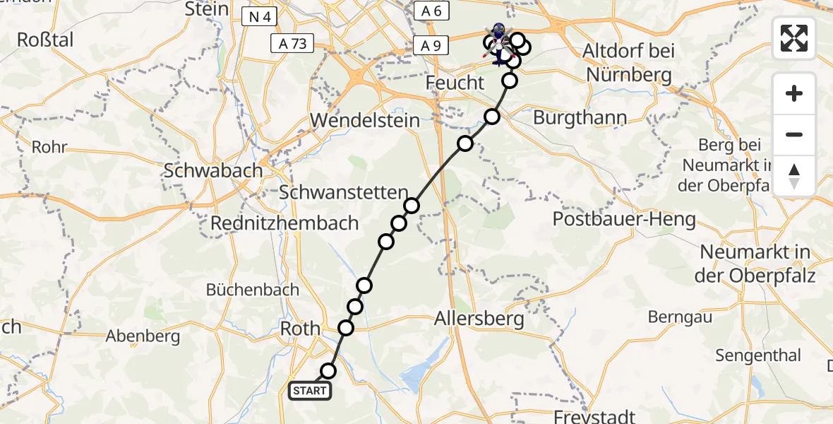 Routekaart van de vlucht: Polizeihubschrauber nach Moosbach, Schützenstraße