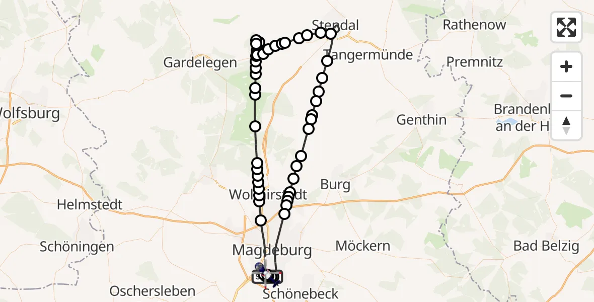 Flugroute Polizeihubschrauber Magdeburg City Flugplatz - Magdeburg, 24 März 2026, 19:08