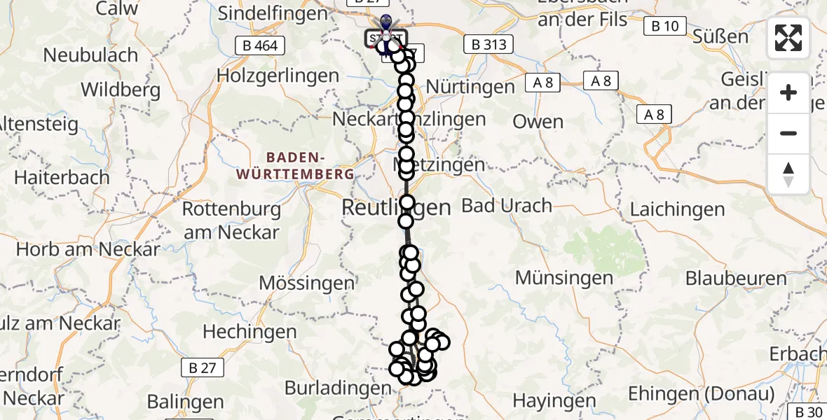 Flugroute Polizeihubschrauber Flughafen Stuttgart - Flughafen Stuttgart, 24 März 2026, 19:20