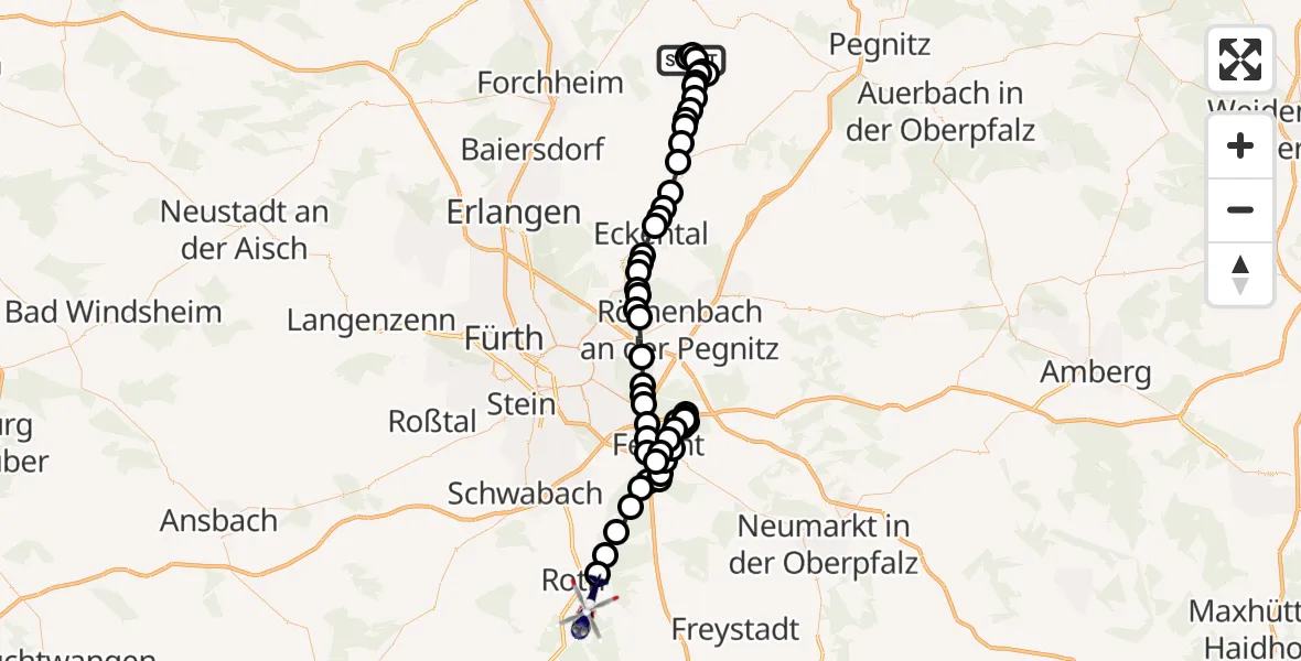 Flugroute Polizeihubschrauber Ühleinshof - Belmbrach, 24 März 2026, 19:20