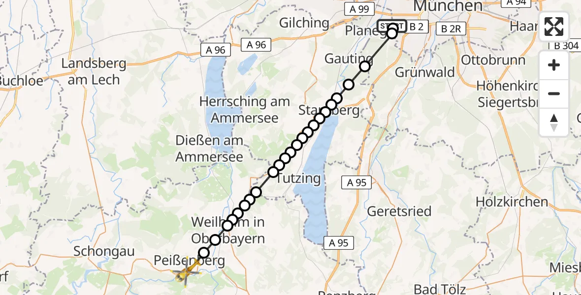 Flugroute Rettungshubschrauber DRF Air Rescue München Hubschrauberlandeplatz - Peißenberg, 24 März 2026, 19:24