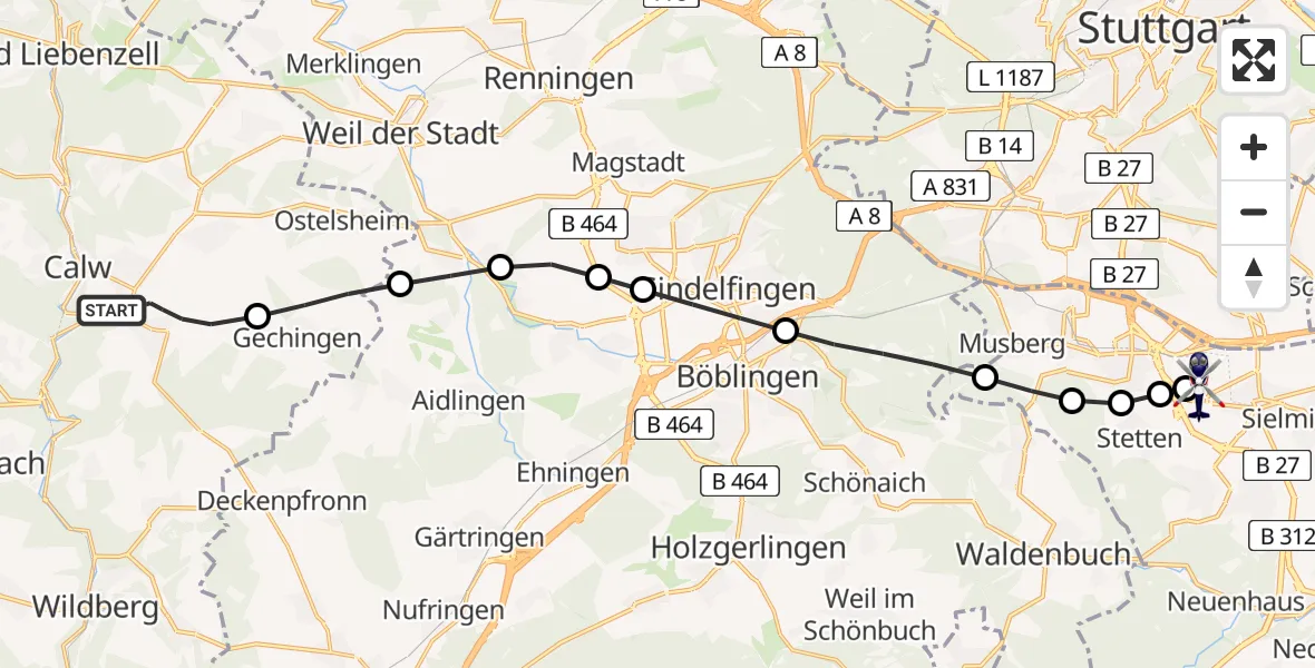 Flugroute Polizeihubschrauber Stammheim - Flughafen Stuttgart, 24 März 2026, 19:25