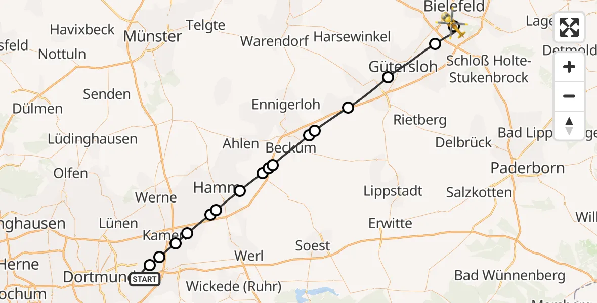 Flugroute Rettungshubschrauber Dortmund Flughafen - Luftrettungszentrum Bielefeld, 24 März 2026, 19:33