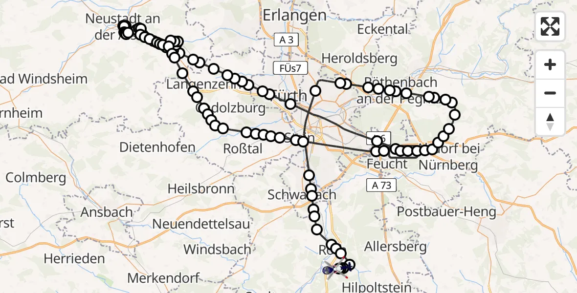Flugroute Polizeihubschrauber Moosbach - Flugplatz Roth, 24 März 2026, 20:01