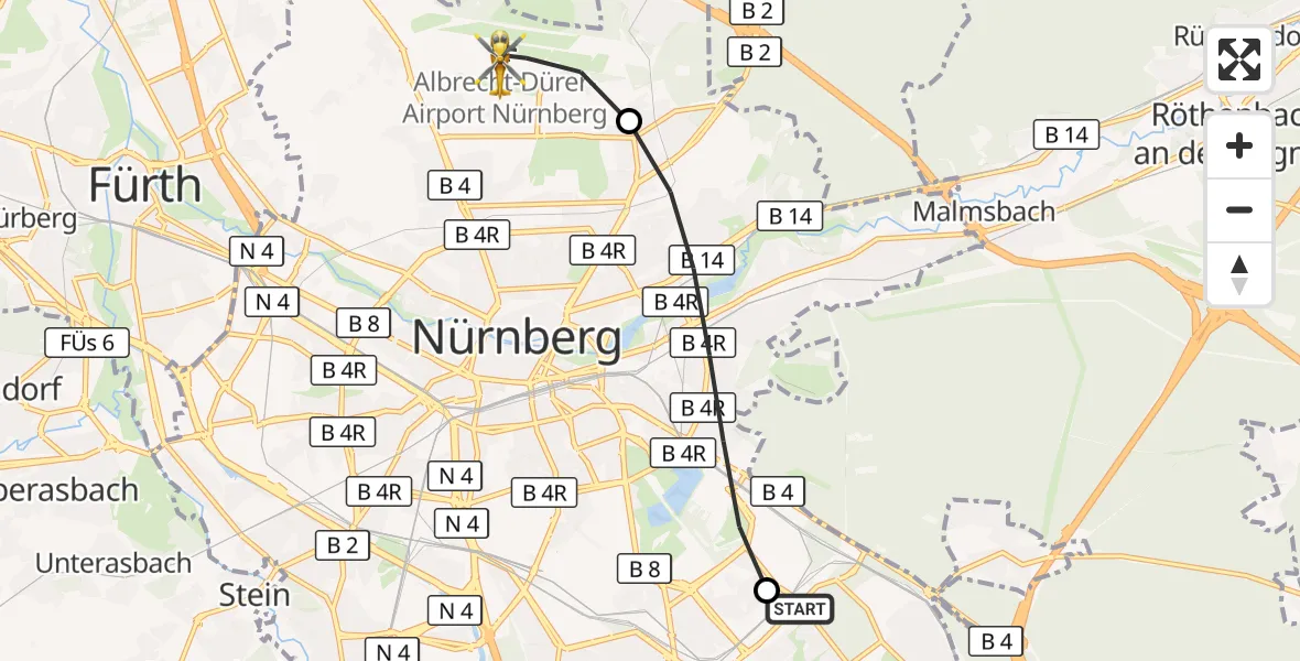Flugroute Ambulanzhubschrauber Nürnberg South Hospital - Flughafen Nuremberg, 24 März 2026, 20:20