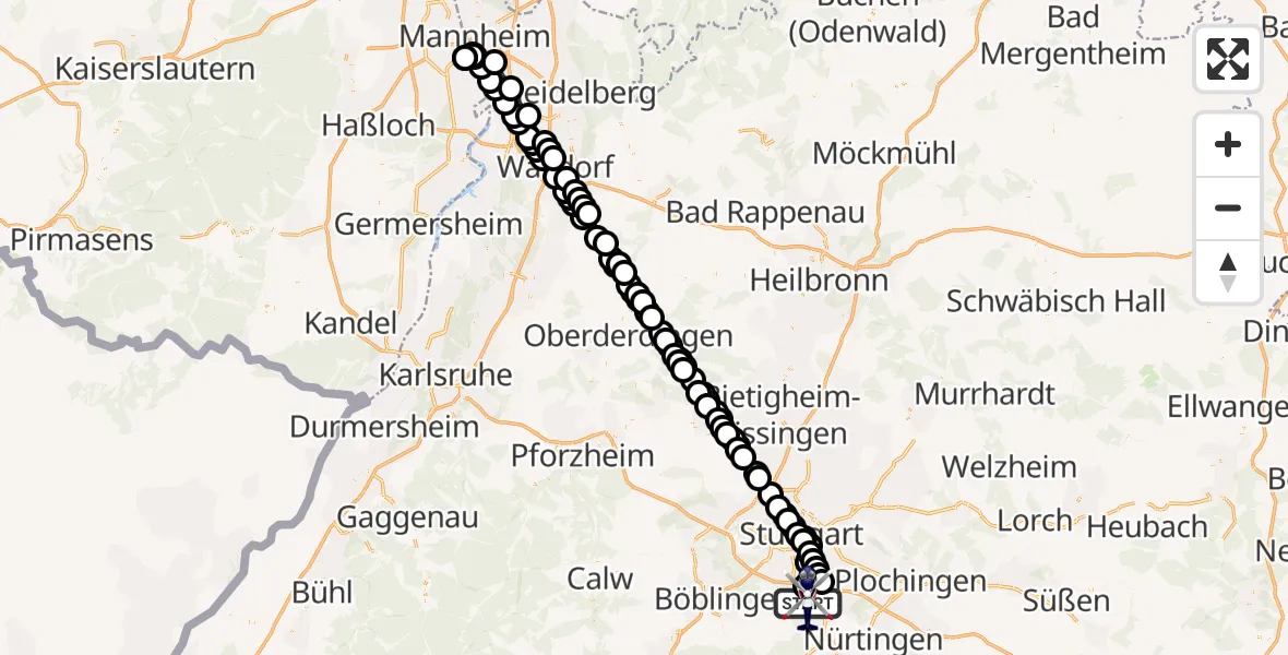Flugroute Polizeihubschrauber Flughafen Stuttgart - Flughafen Stuttgart, 24 März 2026, 20:28