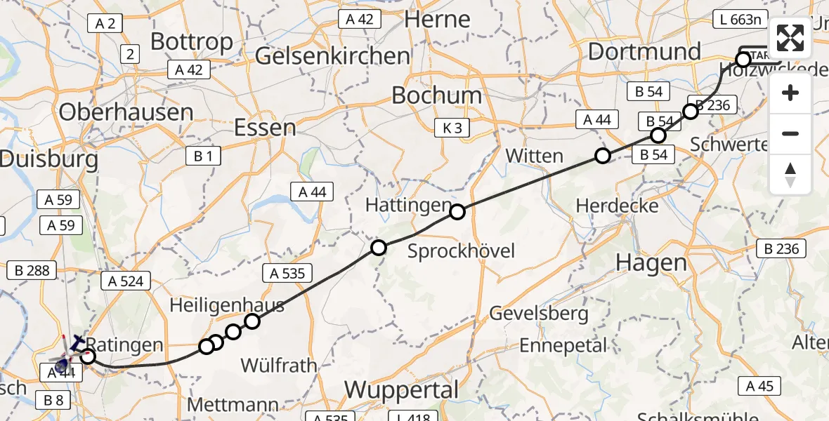 Flugroute Polizeihubschrauber Dortmund Flughafen - Düsseldorf Flughafen, 24 März 2026, 20:47