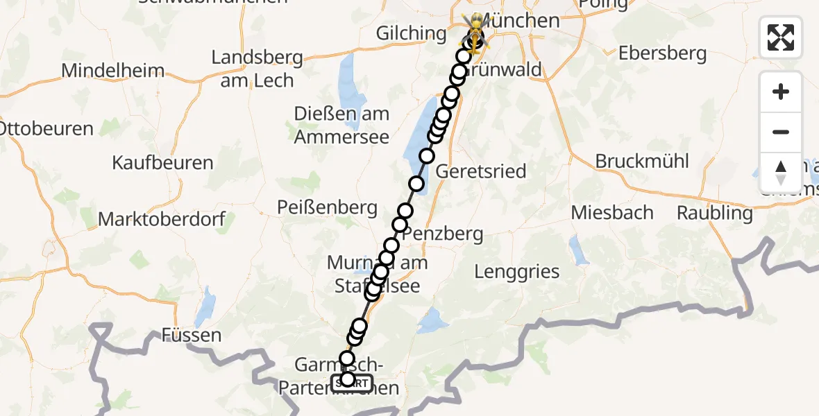 Flugroute Rettungshubschrauber Garmisch-Partenkirchen Clinic Hubschrauberlandeplatz - DRF Air Rescue München Hubschrauberlandeplatz, 24 März 2026, 20:48