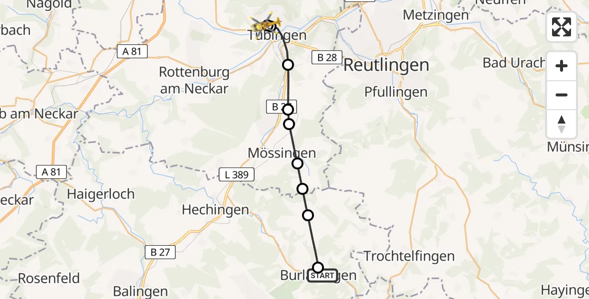 Flugroute Rettungshubschrauber Burladingen - Tübingen University Hospital, 24 März 2026, 21:25