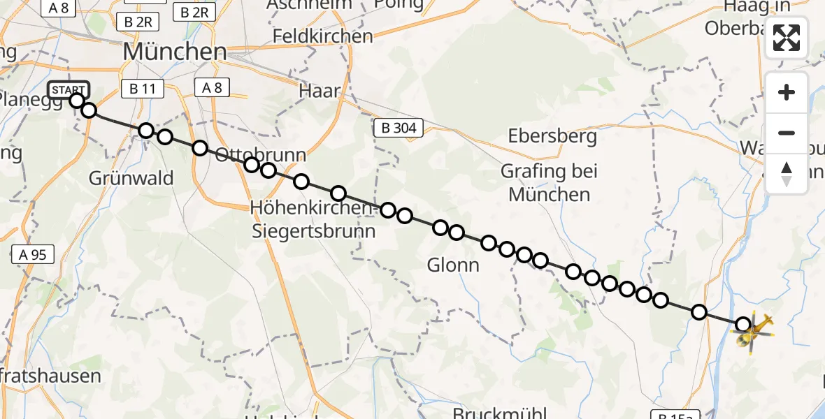 Flugroute Rettungshubschrauber DRF Air Rescue München Hubschrauberlandeplatz - Vogtareuth, 24 März 2026, 21:31