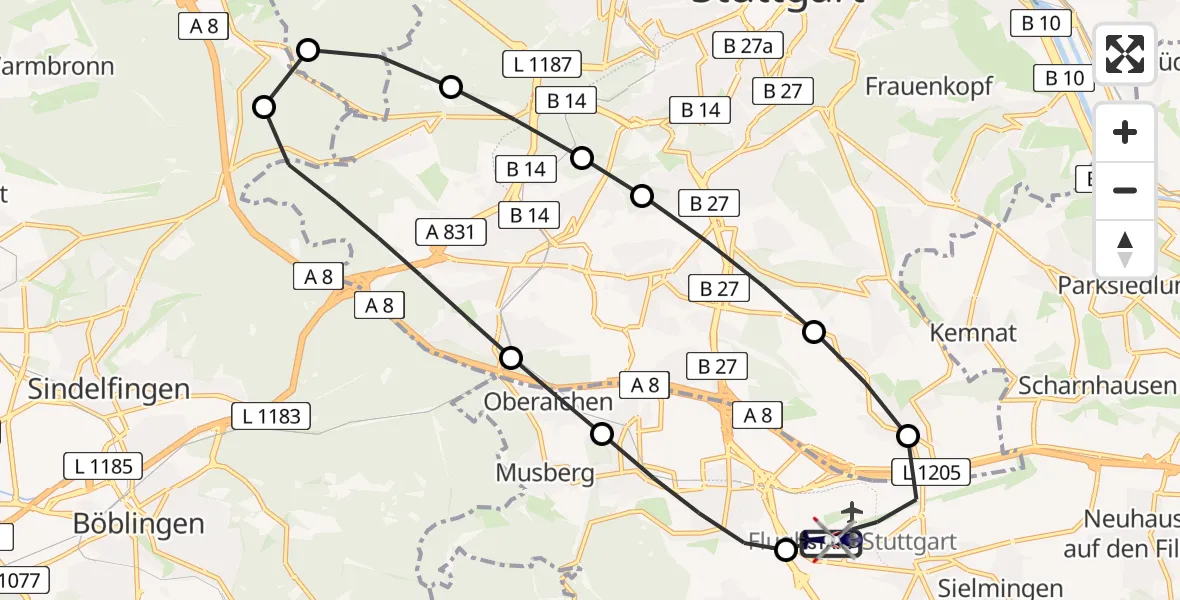 Flugroute Polizeihubschrauber Flughafen Stuttgart - Flughafen Stuttgart, 24 März 2026, 21:32