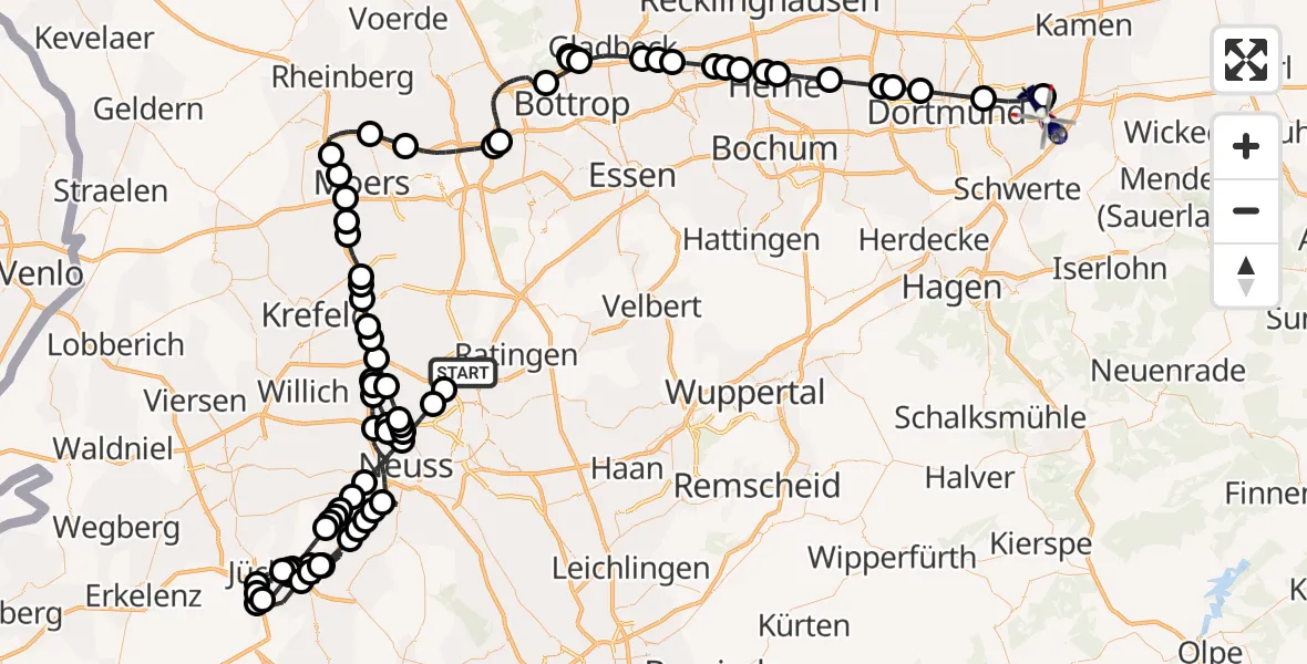 Flugroute Polizeihubschrauber Düsseldorf Flughafen - Dortmund Flughafen, 24 März 2026, 21:32