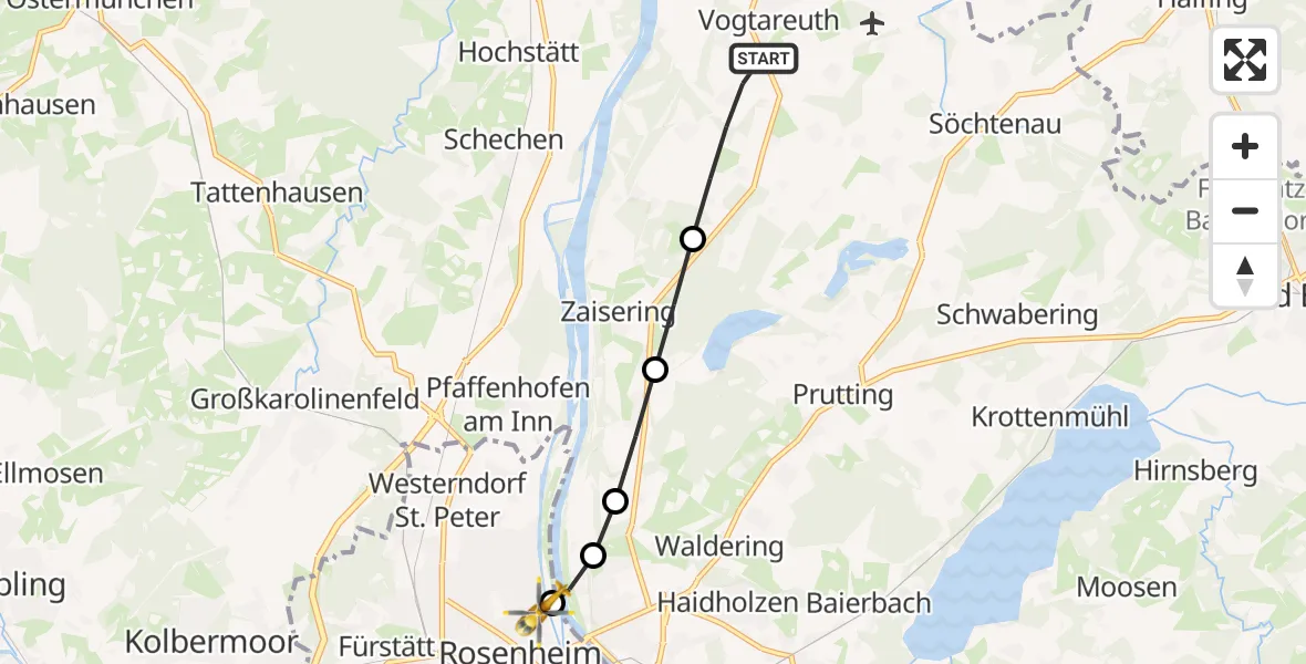 Flugroute Rettungshubschrauber Vogtareuth - RoMed Hospital Rosenheim, 24 März 2026, 22:02