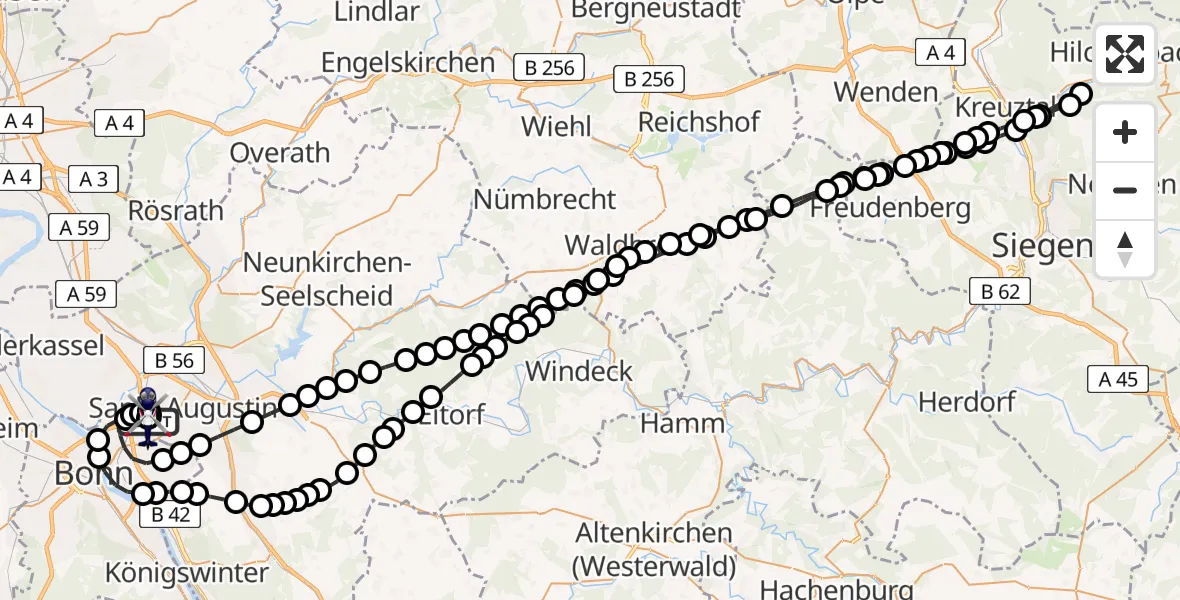 Flugroute Polizeihubschrauber Sankt Augustin - Sankt Augustin, 24 März 2026, 22:19