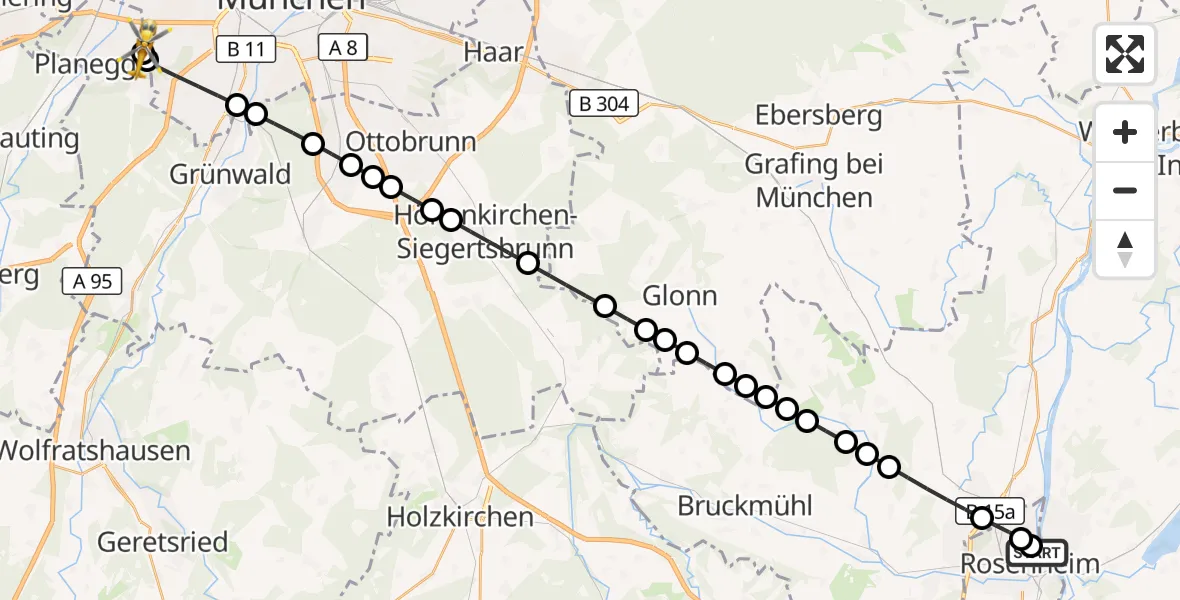 Flugroute Rettungshubschrauber RoMed Hospital Rosenheim - DRF Air Rescue München Hubschrauberlandeplatz, 24 März 2026, 22:33
