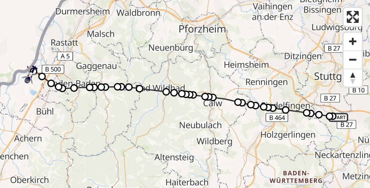 Flugroute Polizeihubschrauber Flughafen Stuttgart - Karlsruhe Baden-Baden Flughafen, 24 März 2026, 22:47