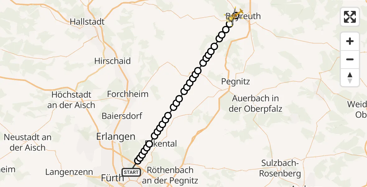 Flugroute Ambulanzhubschrauber Flughafen Nuremberg - Bayreuth Hospital, 24 März 2026, 23:37