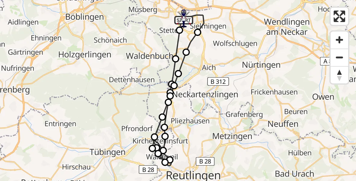 Flugroute Polizeihubschrauber Flughafen Stuttgart - Flughafen Stuttgart, 24 März 2026, 23:55