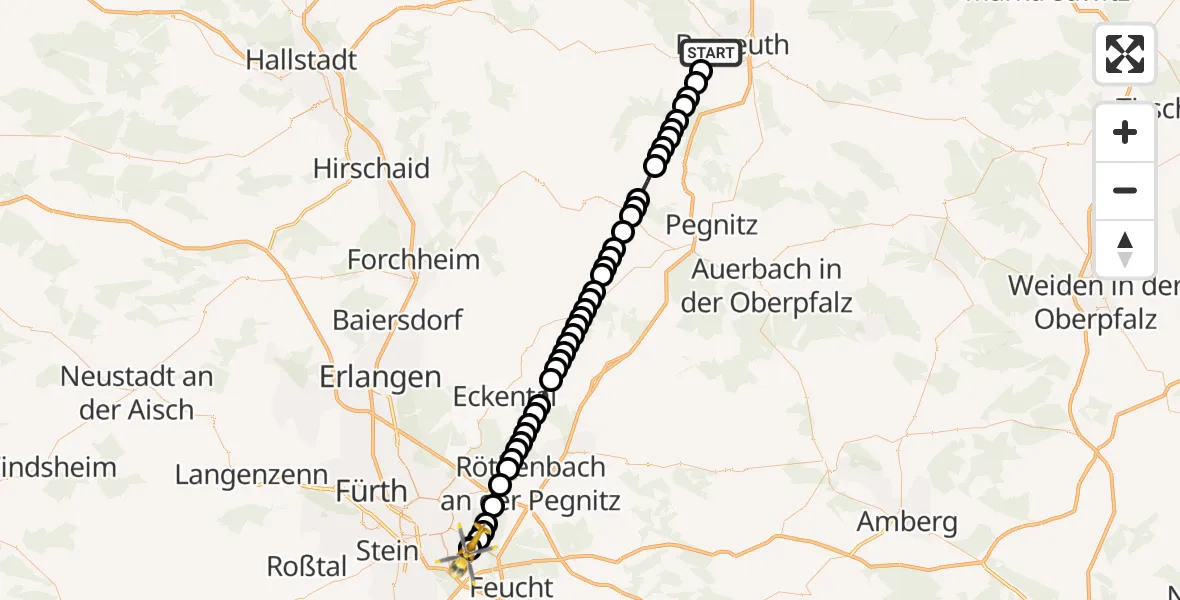 Flugroute Ambulanzhubschrauber Bayreuth - Nürnberg South Hospital, 25 März 2026, 00:31