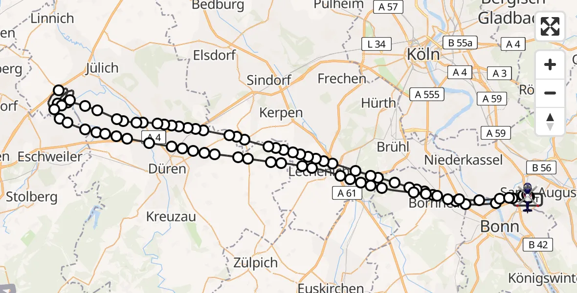 Flugroute Polizeihubschrauber Sankt Augustin - Sankt Augustin, 25 März 2026, 00:36