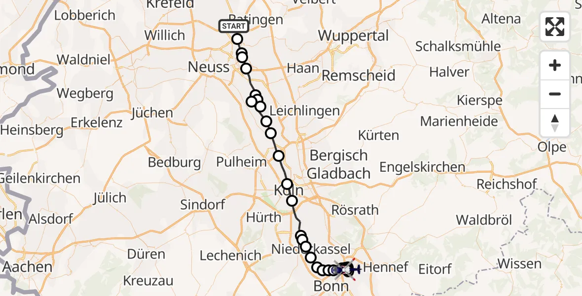 Flugroute Polizeihubschrauber Düsseldorf Flughafen - Sankt Augustin, 25 März 2026, 01:50