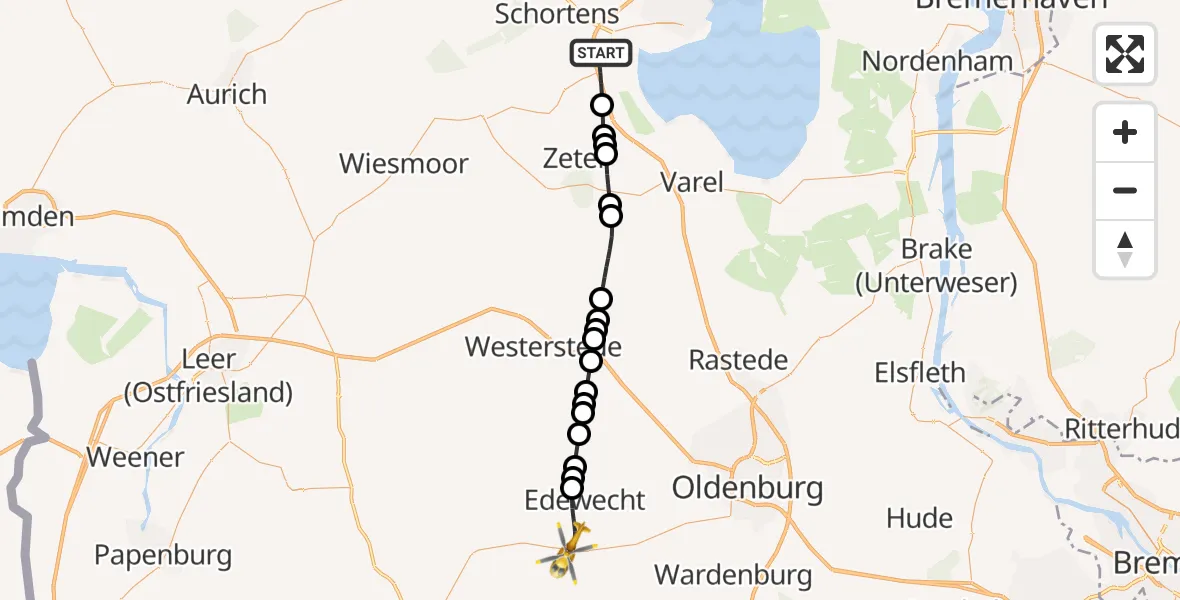 Flugroute Rettungshubschrauber Sande - Edewecht, 25 März 2026, 05:30