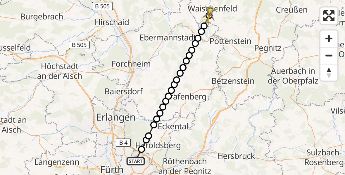 Flugroute Ambulanzhubschrauber Flughafen Nuremberg - Eichenbirkig, 25 März 2026, 05:36