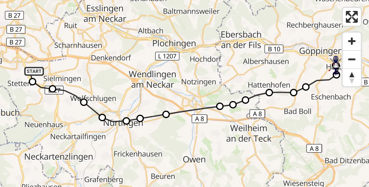 Flugroute Polizeihubschrauber Flughafen Stuttgart - Göppingen (Kernstadt), 25 März 2026, 05:55