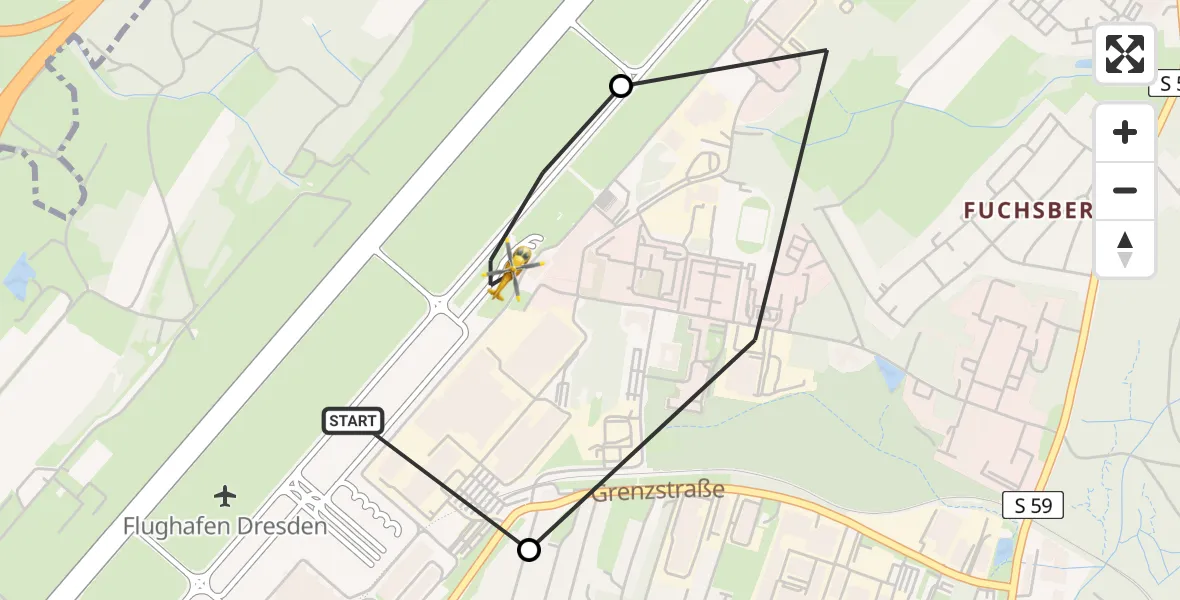 Flugroute Rettungshubschrauber Dresden Flughafen - Dresden Bundespolizei Hubschrauberlandeplatz, 25 März 2026, 06:04