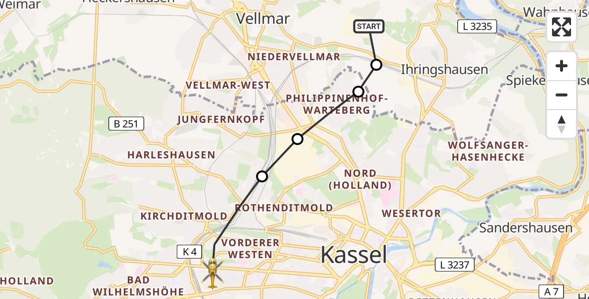 Routekaart van de vlucht: Rettungshubschrauber nach Kassel, Hansteinstraße