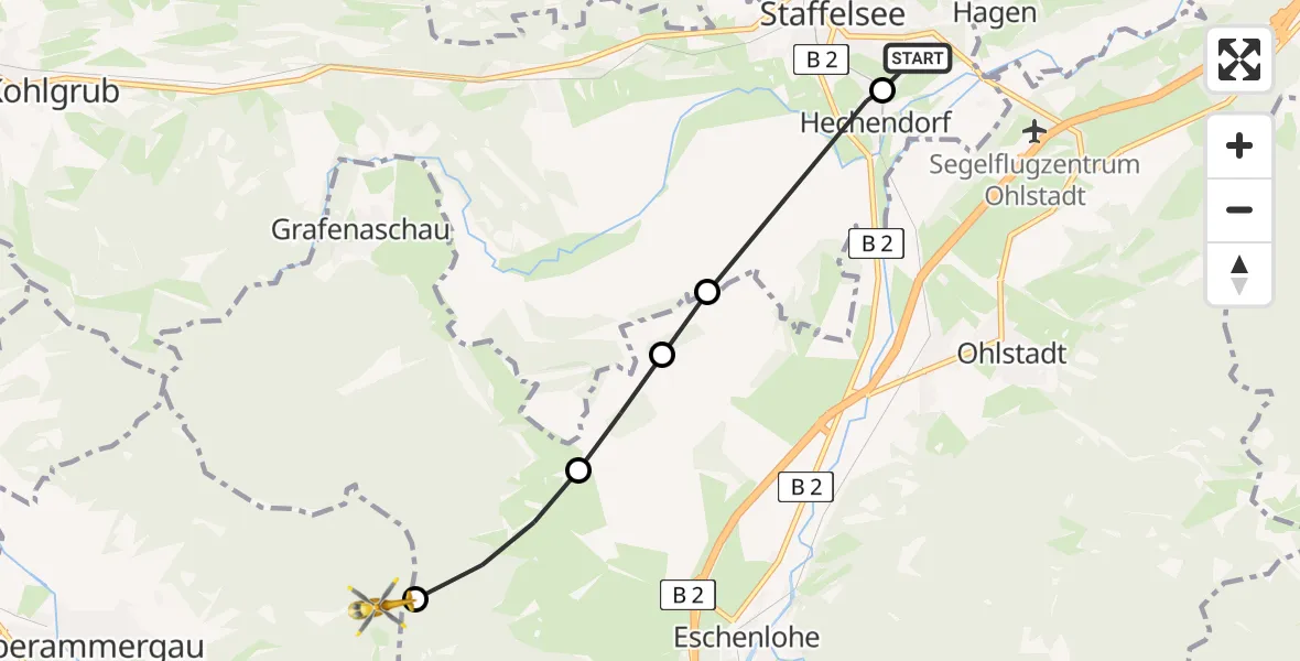 Routekaart van de vlucht: Rettungshubschrauber nach Oberammergau, Kaspar-Schisler-Weg
