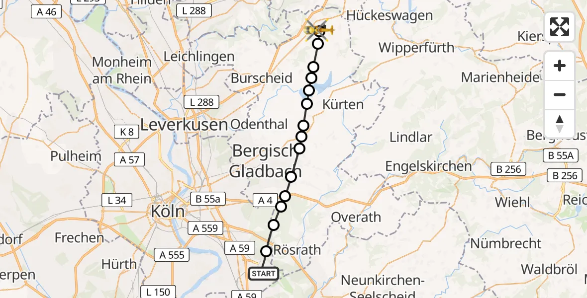 Flugroute Rettungshubschrauber Köln Bonn Flughafen - Eipringhausen, 25 März 2026, 06:35